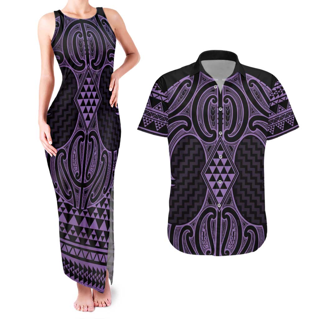 Waiporoporo Maori Ta Moko Poutama Art Couples Matching Tank Maxi Dress and Hawaiian Shirt LT9 Purple - Polynesian Pride
