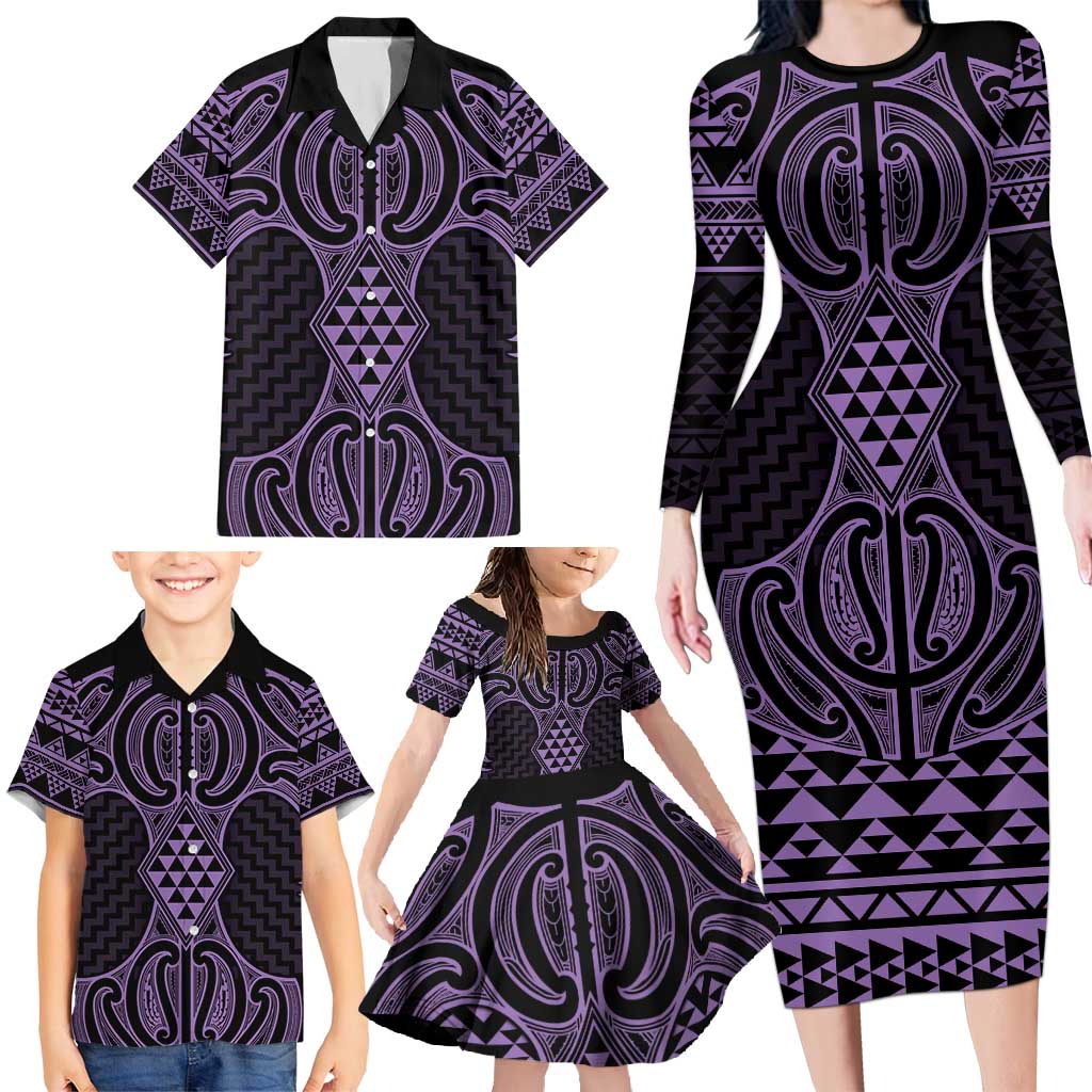 Waiporoporo Maori Ta Moko Poutama Art Family Matching Long Sleeve Bodycon Dress and Hawaiian Shirt