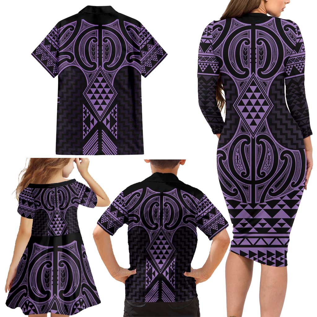 Waiporoporo Maori Ta Moko Poutama Art Family Matching Long Sleeve Bodycon Dress and Hawaiian Shirt