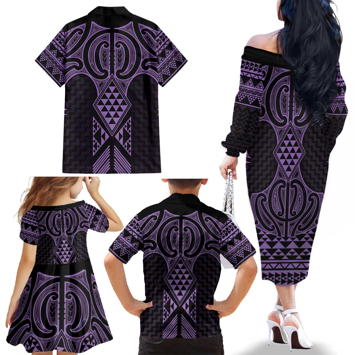 Waiporoporo Maori Ta Moko Poutama Art Family Matching Off The Shoulder Long Sleeve Dress and Hawaiian Shirt