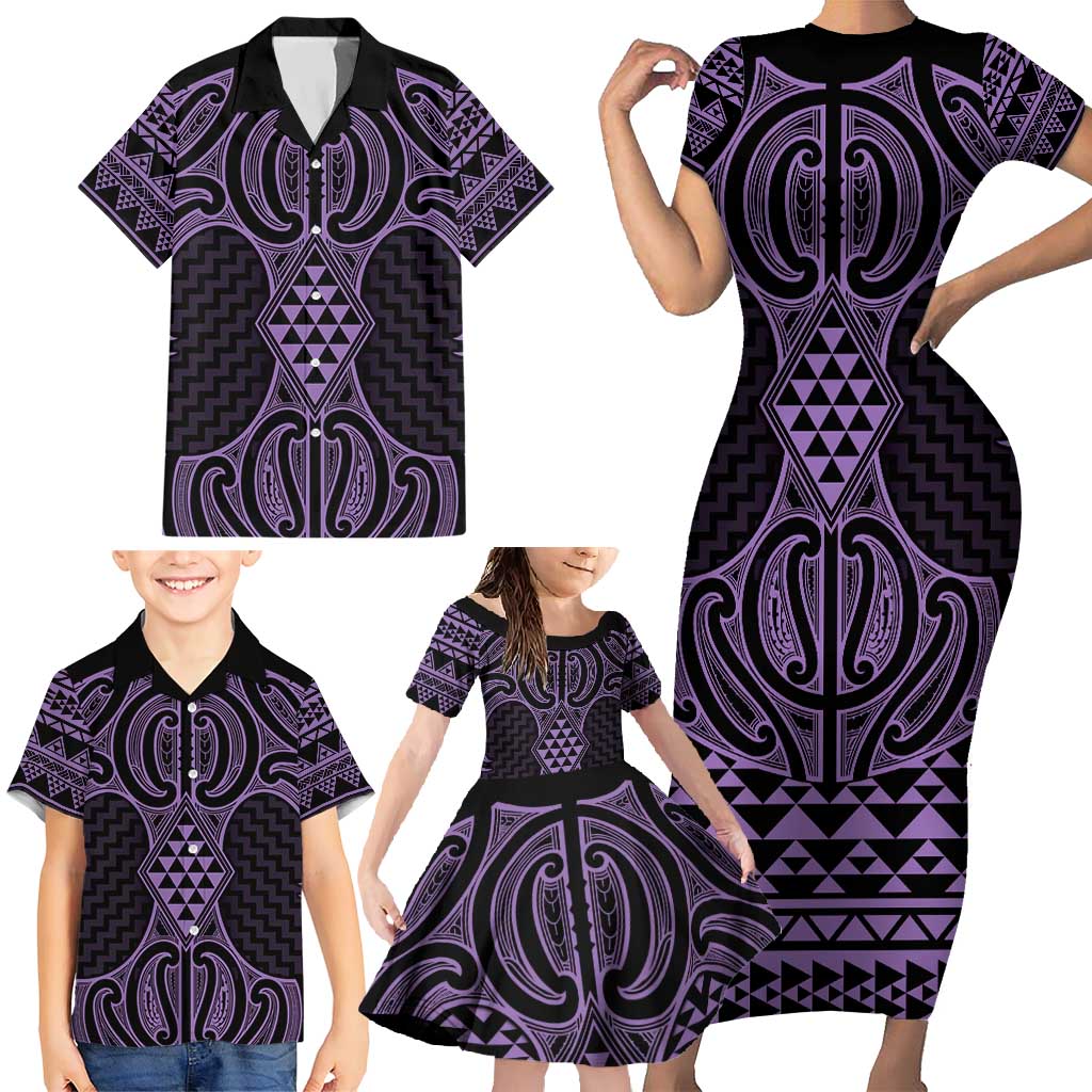 Waiporoporo Maori Ta Moko Poutama Art Family Matching Short Sleeve Bodycon Dress and Hawaiian Shirt