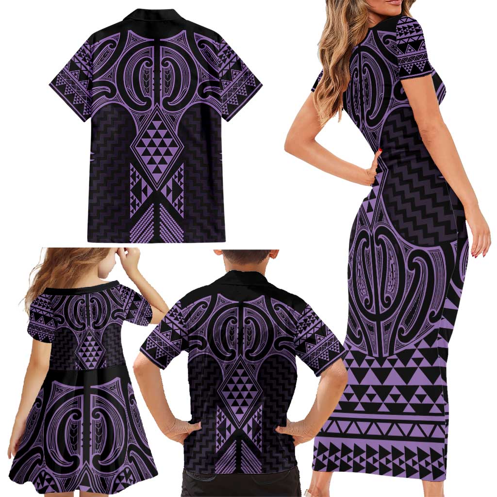 Waiporoporo Maori Ta Moko Poutama Art Family Matching Short Sleeve Bodycon Dress and Hawaiian Shirt