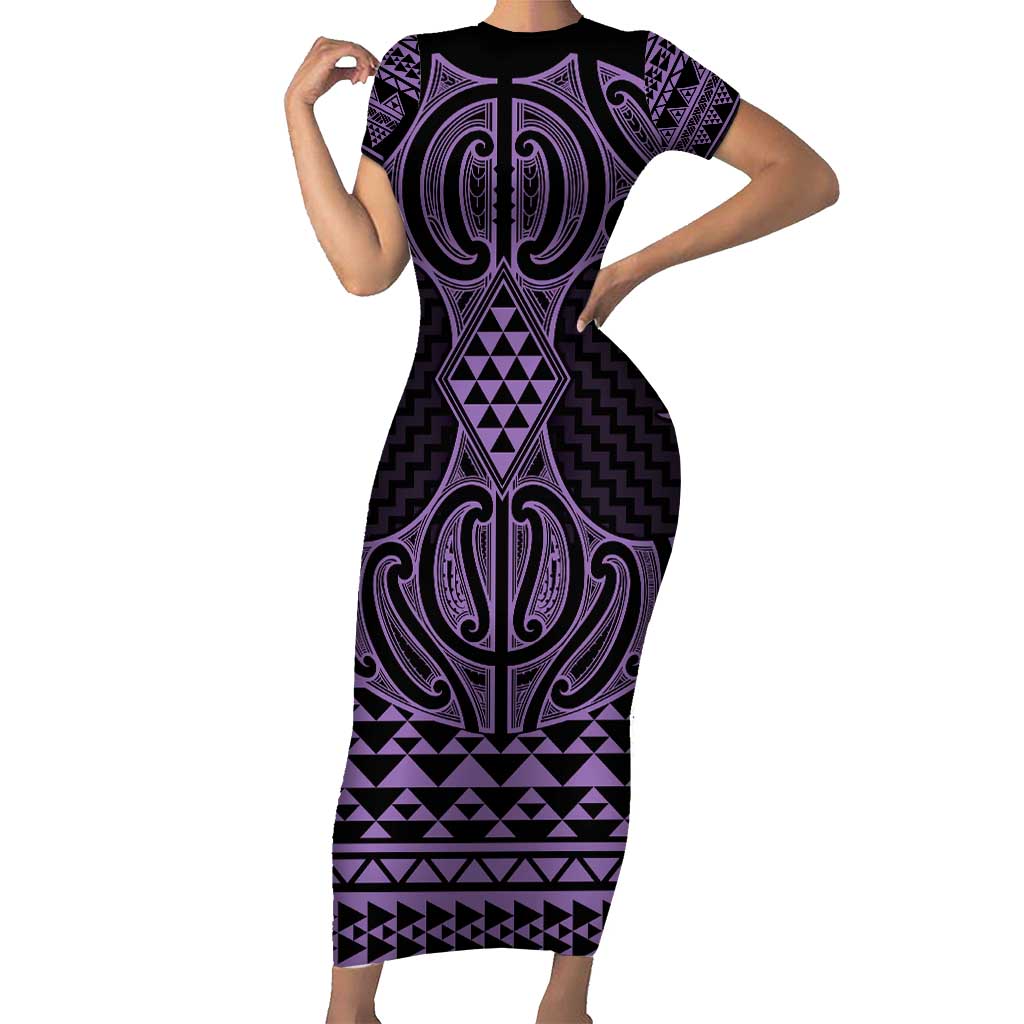 Waiporoporo Maori Ta Moko Poutama Art Short Sleeve Bodycon Dress LT9 Long Dress Purple - Polynesian Pride