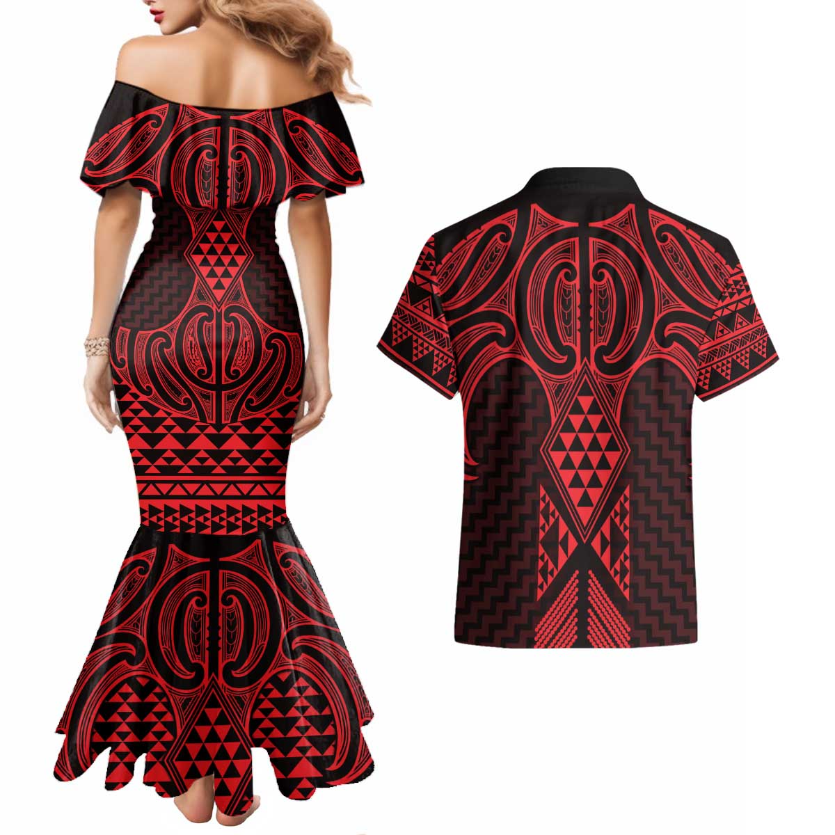 Whero Maori Ta Moko Poutama Art Couples Matching Mermaid Dress and Hawaiian Shirt