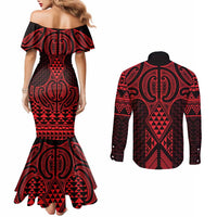 Whero Maori Ta Moko Poutama Art Couples Matching Mermaid Dress and Long Sleeve Button Shirt