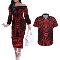 Whero Maori Ta Moko Poutama Art Couples Matching Off The Shoulder Long Sleeve Dress and Hawaiian Shirt