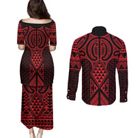 Whero Maori Ta Moko Poutama Art Couples Matching Puletasi and Long Sleeve Button Shirt