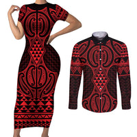 Whero Maori Ta Moko Poutama Art Couples Matching Short Sleeve Bodycon Dress and Long Sleeve Button Shirt
