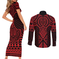 Whero Maori Ta Moko Poutama Art Couples Matching Short Sleeve Bodycon Dress and Long Sleeve Button Shirt