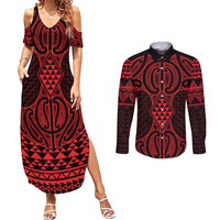 Whero Maori Ta Moko Poutama Art Couples Matching Summer Maxi Dress and Long Sleeve Button Shirt