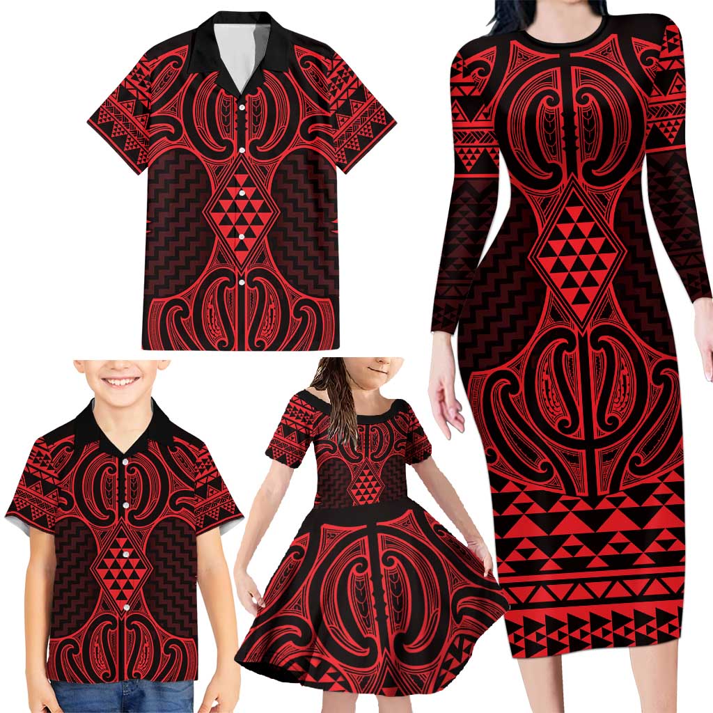 Whero Maori Ta Moko Poutama Art Family Matching Long Sleeve Bodycon Dress and Hawaiian Shirt
