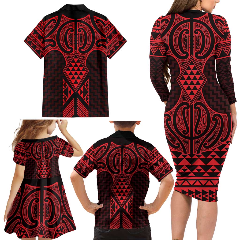 Whero Maori Ta Moko Poutama Art Family Matching Long Sleeve Bodycon Dress and Hawaiian Shirt
