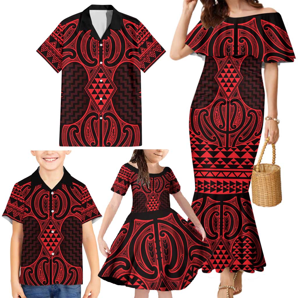 Whero Maori Ta Moko Poutama Art Family Matching Mermaid Dress and Hawaiian Shirt