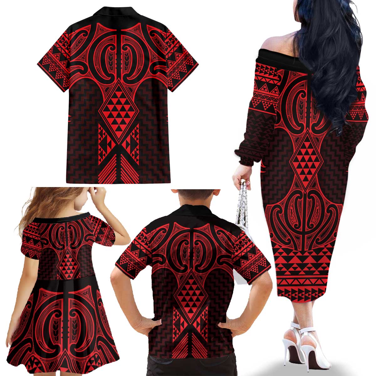 Whero Maori Ta Moko Poutama Art Family Matching Off The Shoulder Long Sleeve Dress and Hawaiian Shirt