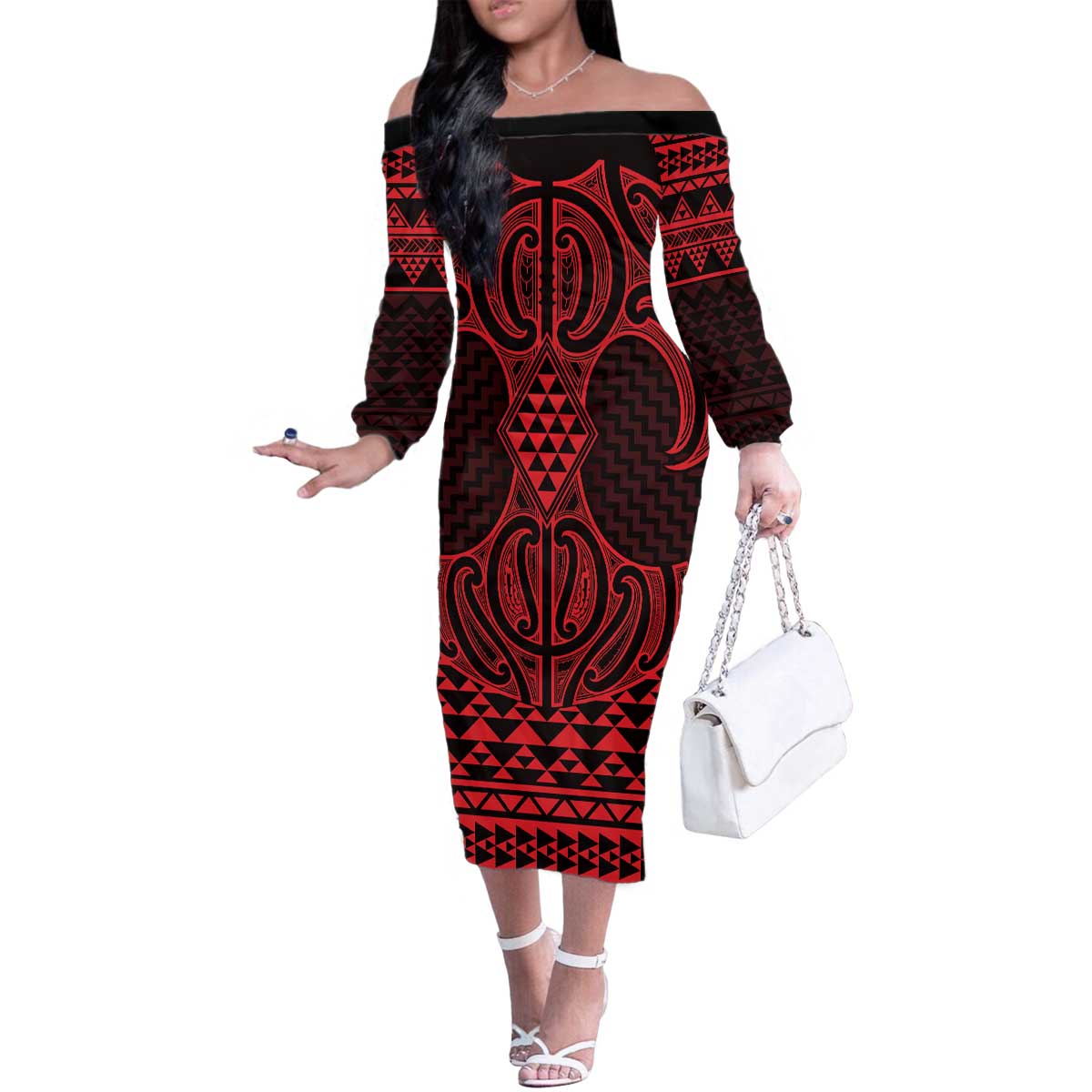Whero Maori Ta Moko Poutama Art Family Matching Off The Shoulder Long Sleeve Dress and Hawaiian Shirt
