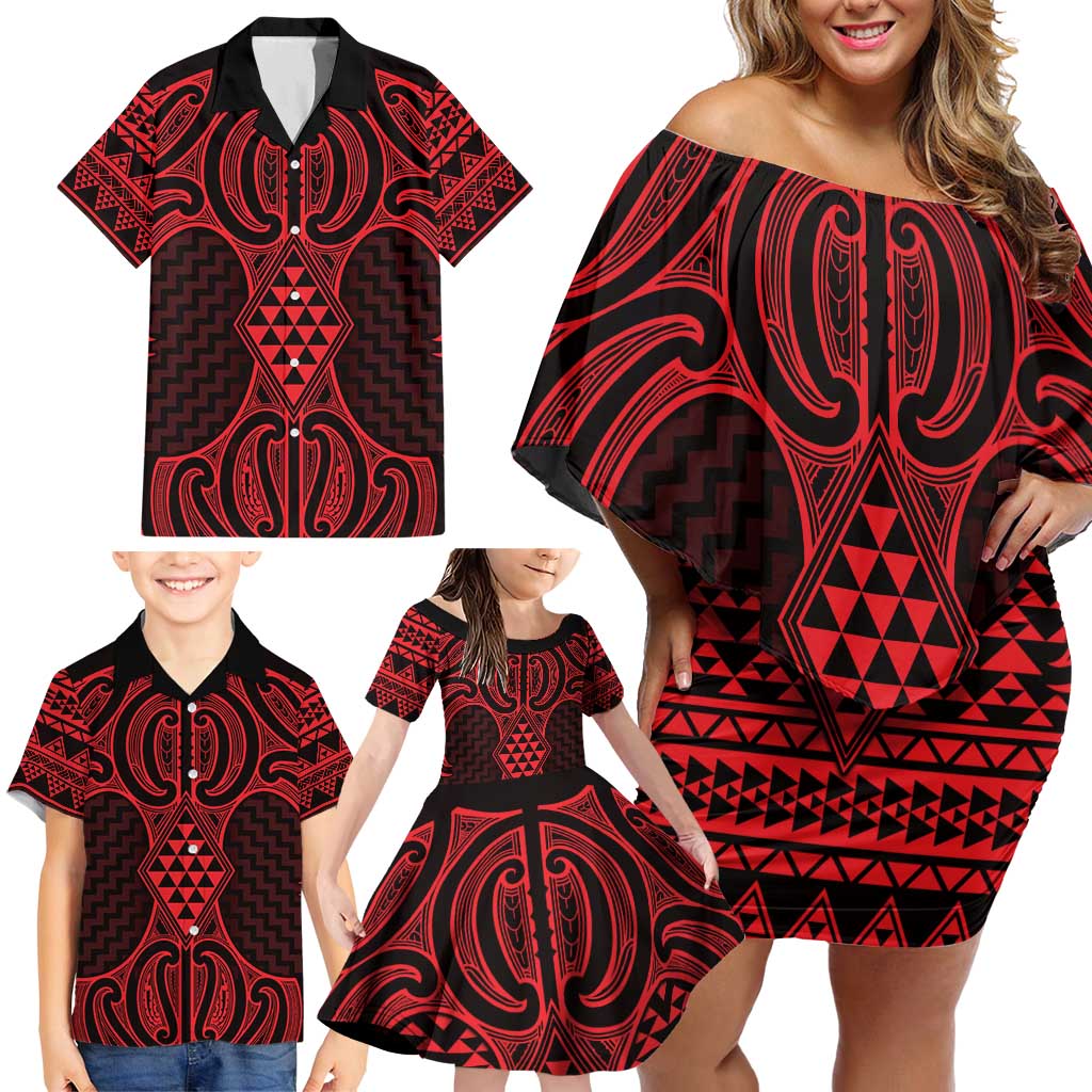 Whero Maori Ta Moko Poutama Art Family Matching Off Shoulder Short Dress and Hawaiian Shirt