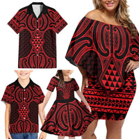 Whero Maori Ta Moko Poutama Art Family Matching Off Shoulder Short Dress and Hawaiian Shirt