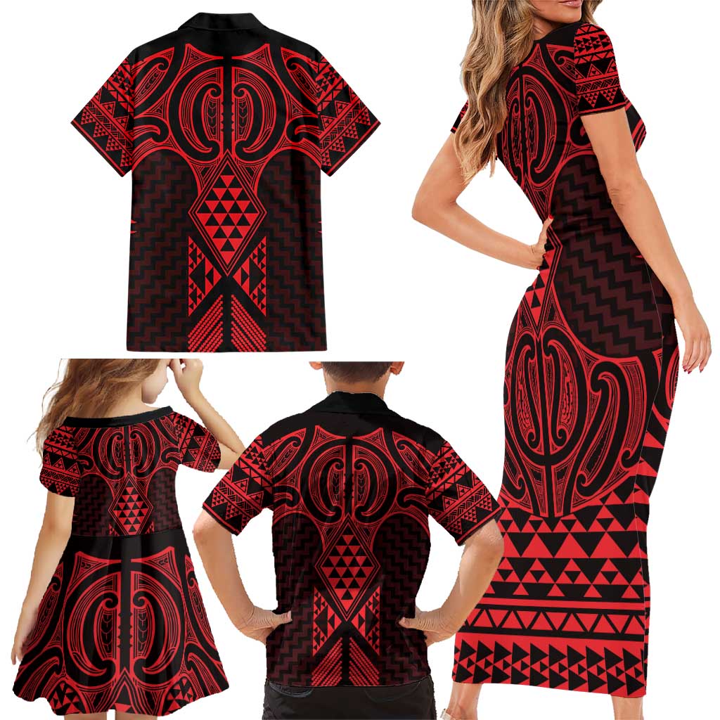 Whero Maori Ta Moko Poutama Art Family Matching Short Sleeve Bodycon Dress and Hawaiian Shirt