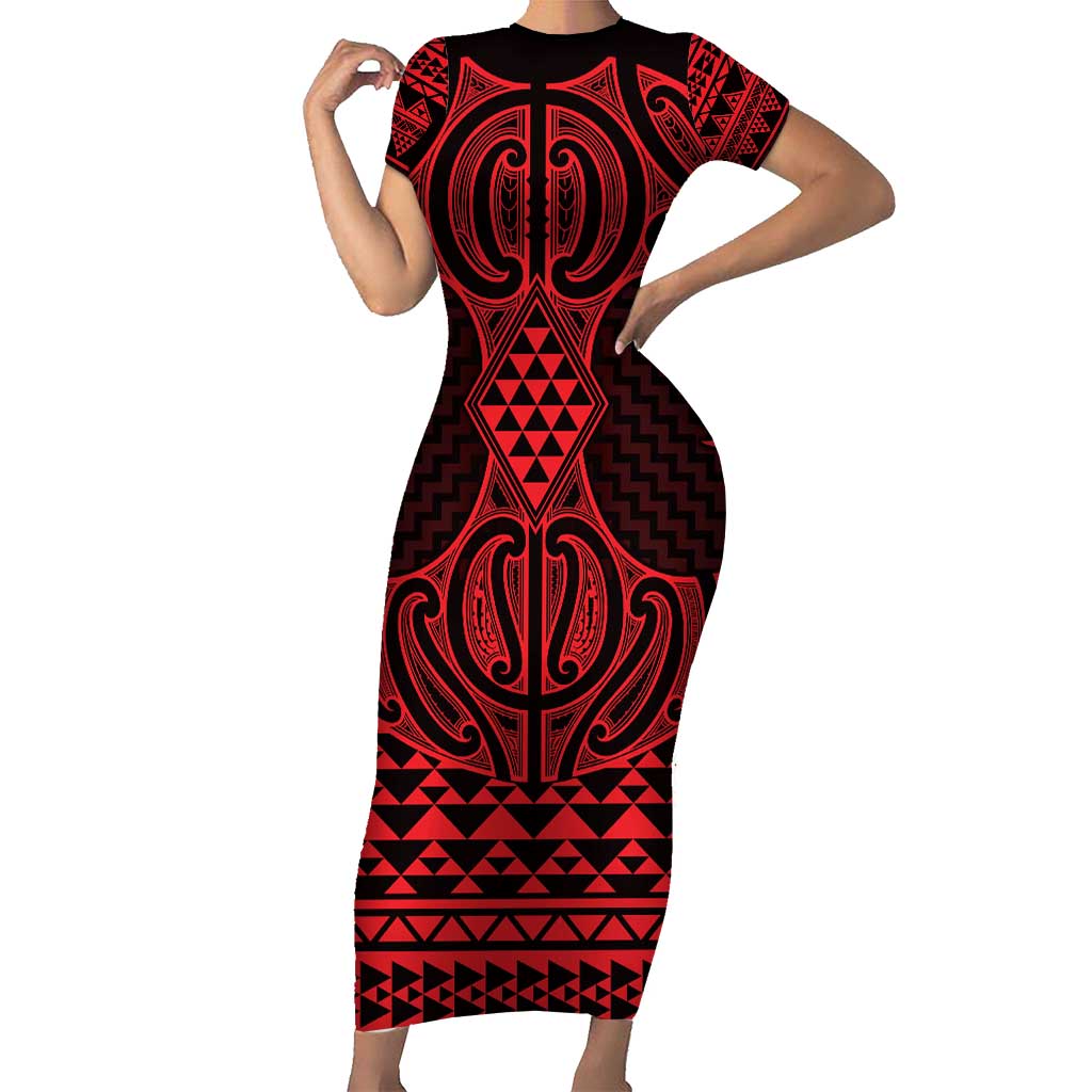 Whero Maori Ta Moko Poutama Art Family Matching Short Sleeve Bodycon Dress and Hawaiian Shirt