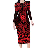 Whero Maori Ta Moko Poutama Art Long Sleeve Bodycon Dress