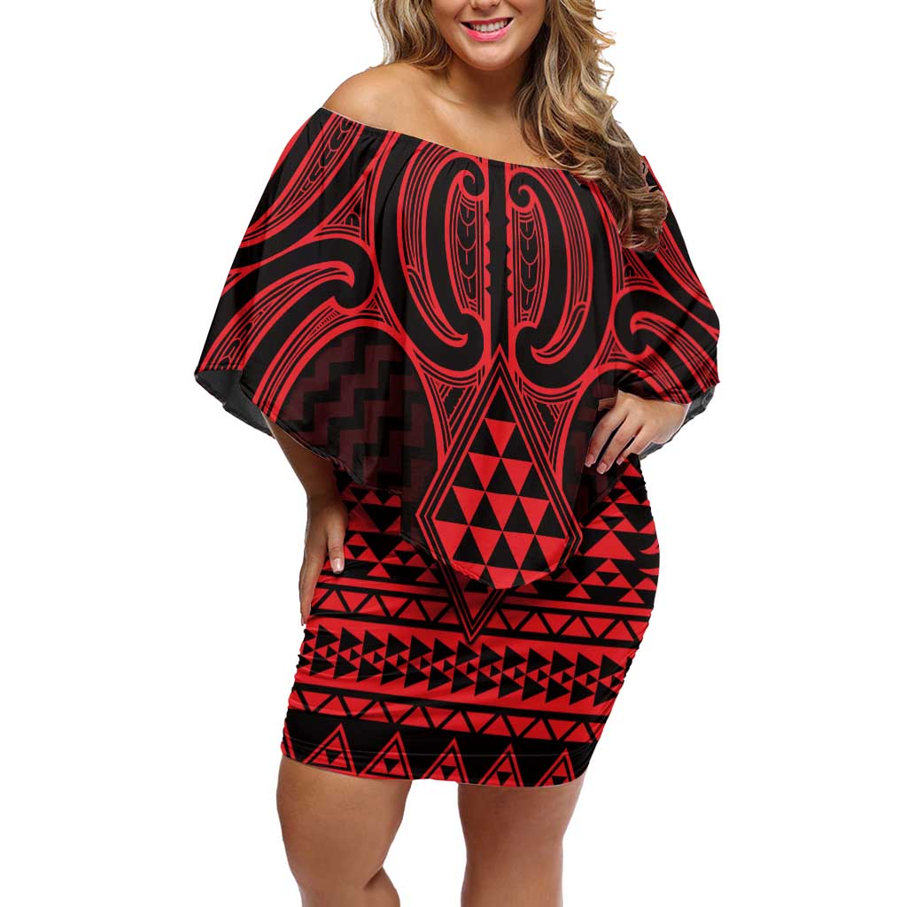 Whero Maori Ta Moko Poutama Art Off Shoulder Short Dress