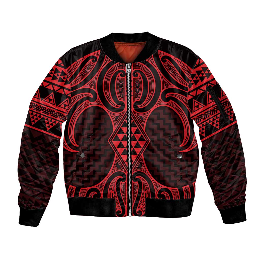 Whero Maori Ta Moko Poutama Art Sleeve Zip Bomber Jacket