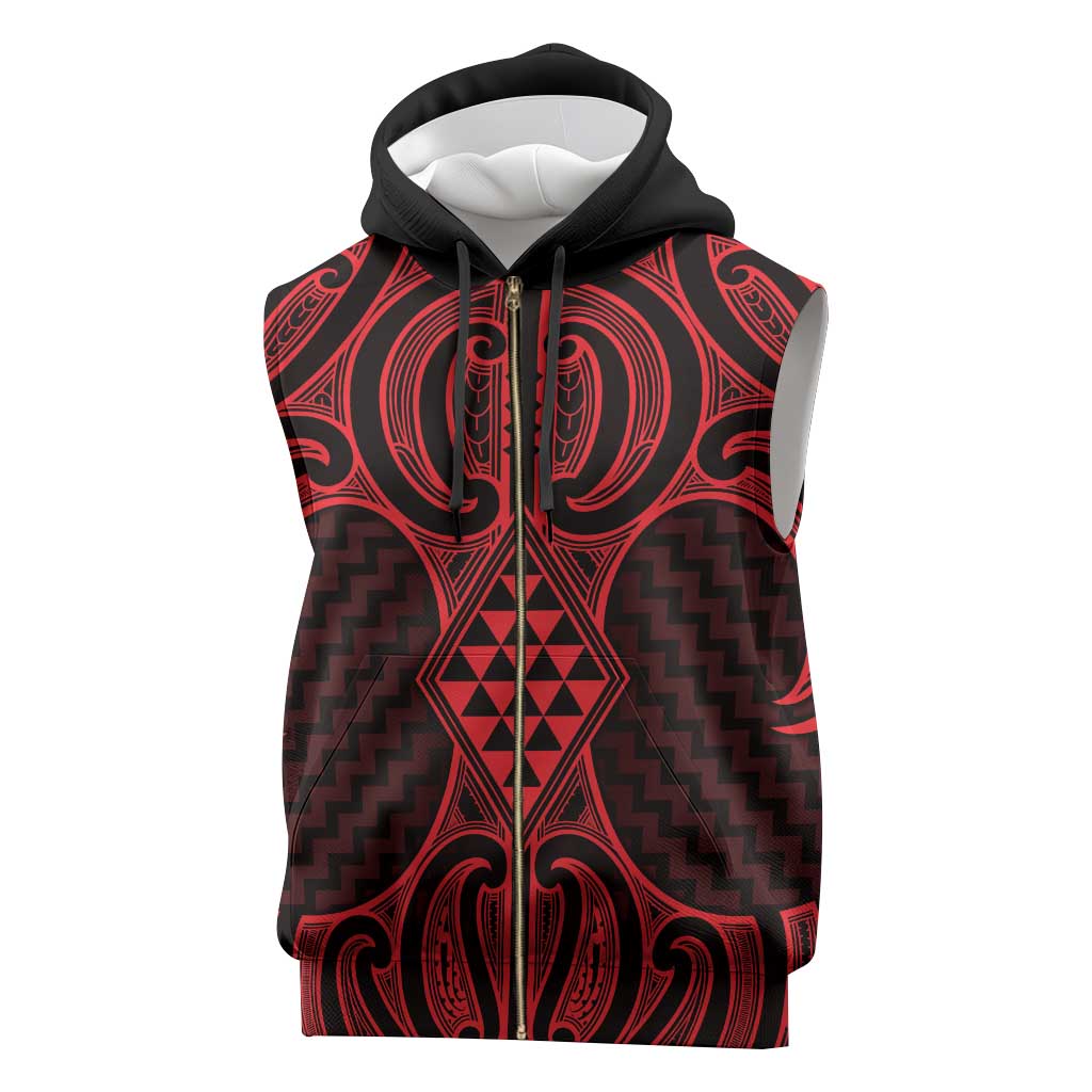 Whero Maori Ta Moko Poutama Art Sleeveless Zip Hoodie - Polynesian Pride
