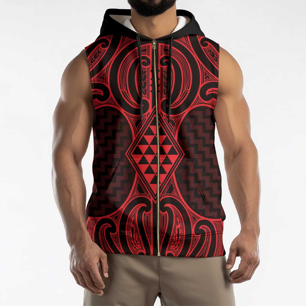 Whero Maori Ta Moko Poutama Art Sleeveless Zip Hoodie - Polynesian Pride