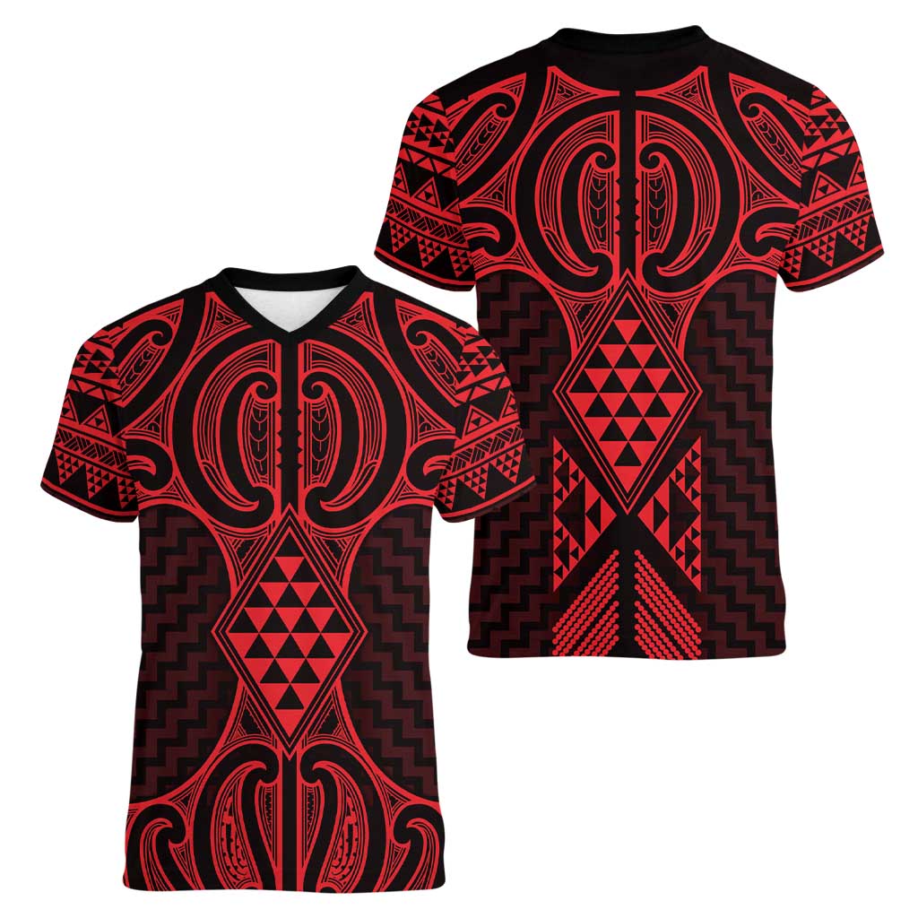 Whero Maori Ta Moko Poutama Art Women V-Neck T-Shirt