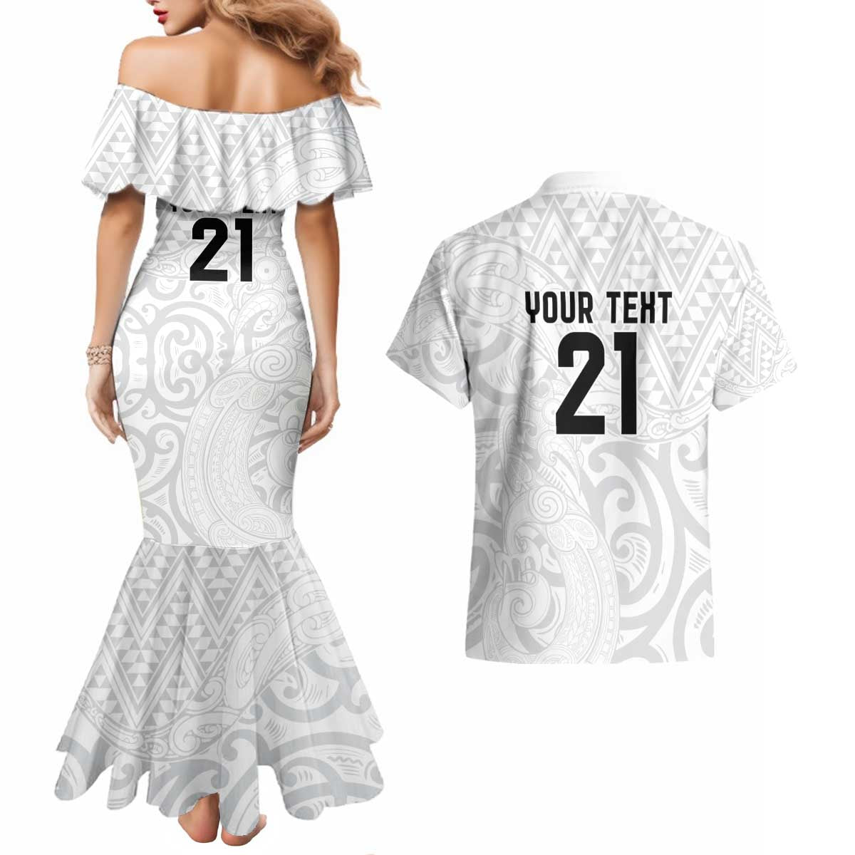 New Zealand Rangatira Custom Couples Matching Mermaid Dress and Hawaiian Shirt All White Niho Taniwha Maori Tribal