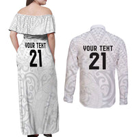 New Zealand Rangatira Custom Couples Matching Off Shoulder Maxi Dress and Long Sleeve Button Shirt All White Niho Taniwha Maori Tribal