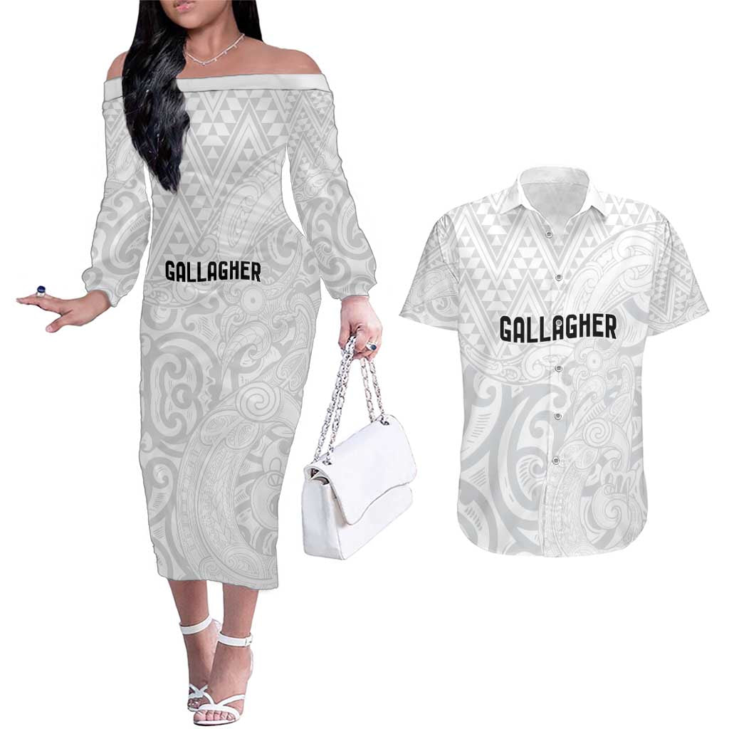 New Zealand Rangatira Custom Couples Matching Off The Shoulder Long Sleeve Dress and Hawaiian Shirt All White Niho Taniwha Maori Tribal