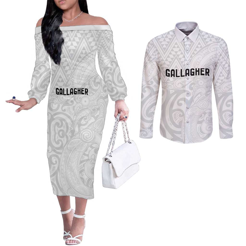 New Zealand Rangatira Custom Couples Matching Off The Shoulder Long Sleeve Dress and Long Sleeve Button Shirt All White Niho Taniwha Maori Tribal