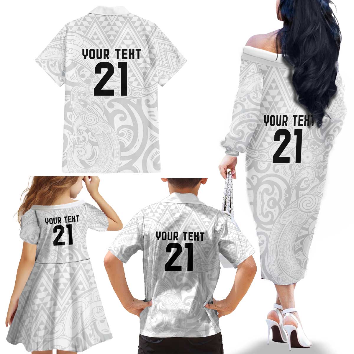 New Zealand Rangatira Custom Family Matching Off The Shoulder Long Sleeve Dress and Hawaiian Shirt All White Niho Taniwha Maori Tribal
