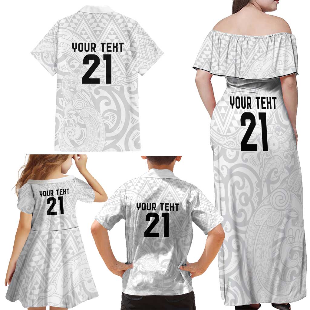 New Zealand Rangatira Custom Family Matching Off Shoulder Maxi Dress and Hawaiian Shirt All White Niho Taniwha Maori Tribal
