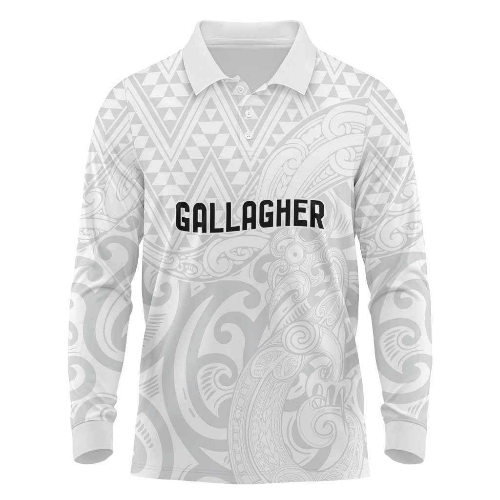 New Zealand Rangatira Custom Long Sleeve Polo Shirt All White Niho Taniwha Maori Tribal