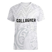 New Zealand Rangatira Custom Women V-Neck T-Shirt All White Niho Taniwha Maori Tribal