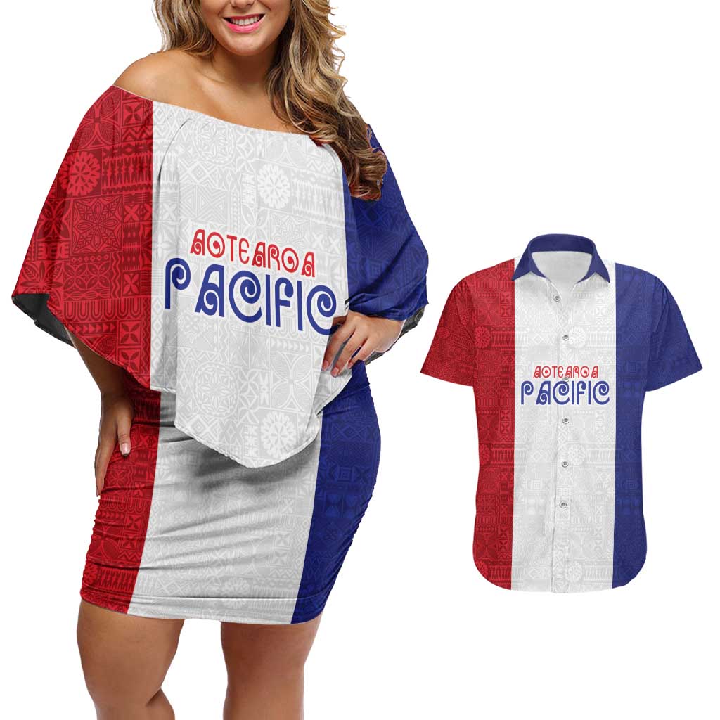 New Zealand Rugby Pacific Personalised Couples Matching Off Shoulder Short Dress and Hawaiian Shirt Maori Style Tribal Tapa Pattern