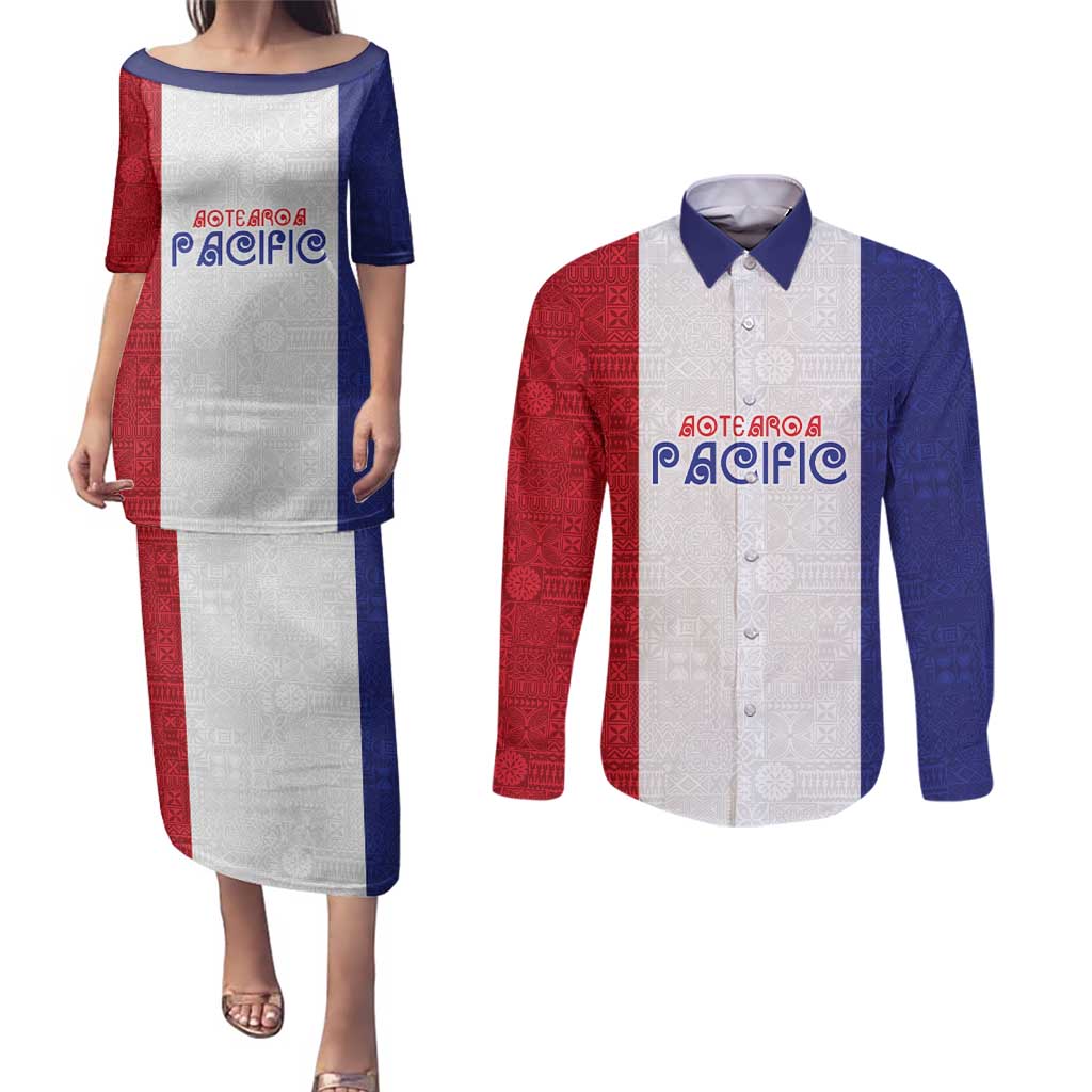 New Zealand Rugby Pacific Personalised Couples Matching Puletasi and Long Sleeve Button Shirt Maori Style Tribal Tapa Pattern