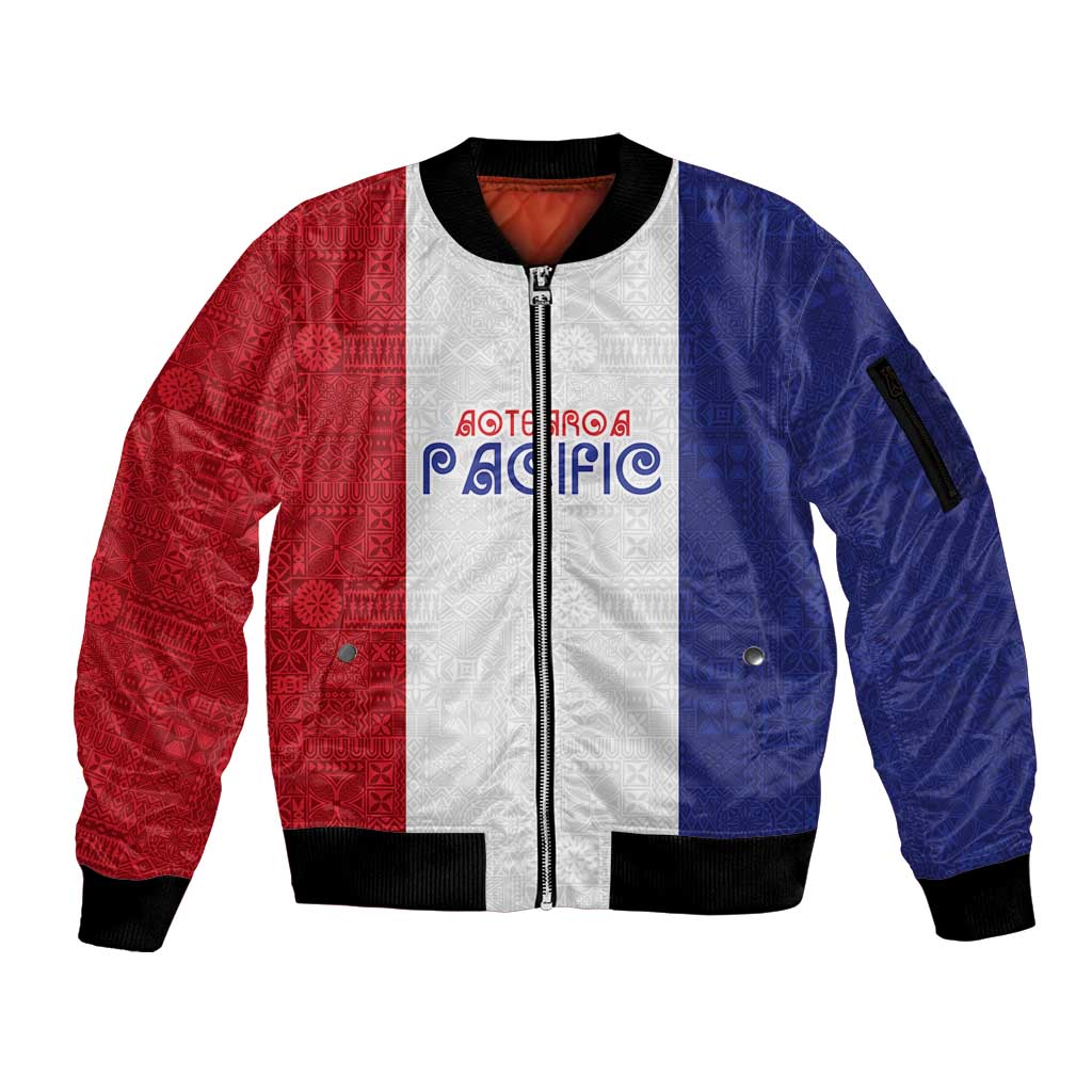 New Zealand Rugby Pacific Personalised Sleeve Zip Bomber Jacket Maori Style Tribal Tapa Pattern