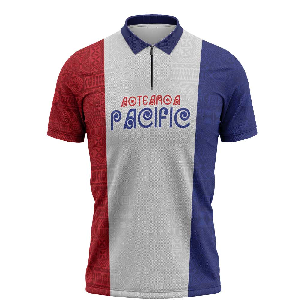 New Zealand Rugby Pacific Personalised Zipper Polo Shirt Maori Style Tribal Tapa Pattern - Polynesian Pride