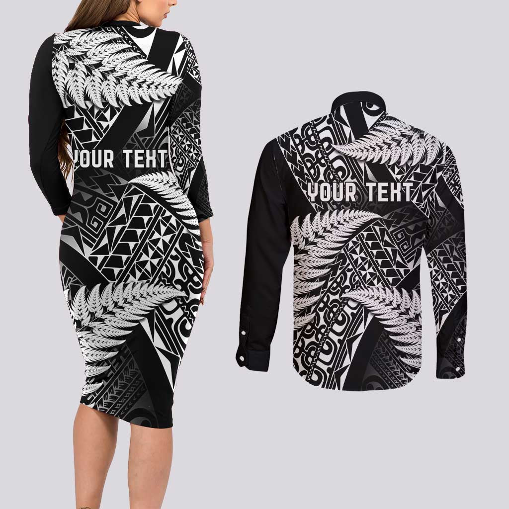 New Zealand Rugby Pacific Personalised Couples Matching Long Sleeve Bodycon Dress and Long Sleeve Button Shirt All Black Maori Pasifika Fern Pattern