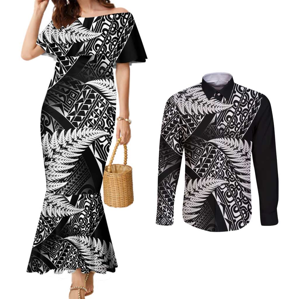 New Zealand Rugby Pacific Personalised Couples Matching Mermaid Dress and Long Sleeve Button Shirt All Black Maori Pasifika Fern Pattern