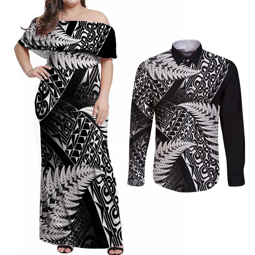 New Zealand Rugby Pacific Personalised Couples Matching Off Shoulder Maxi Dress and Long Sleeve Button Shirt All Black Maori Pasifika Fern Pattern