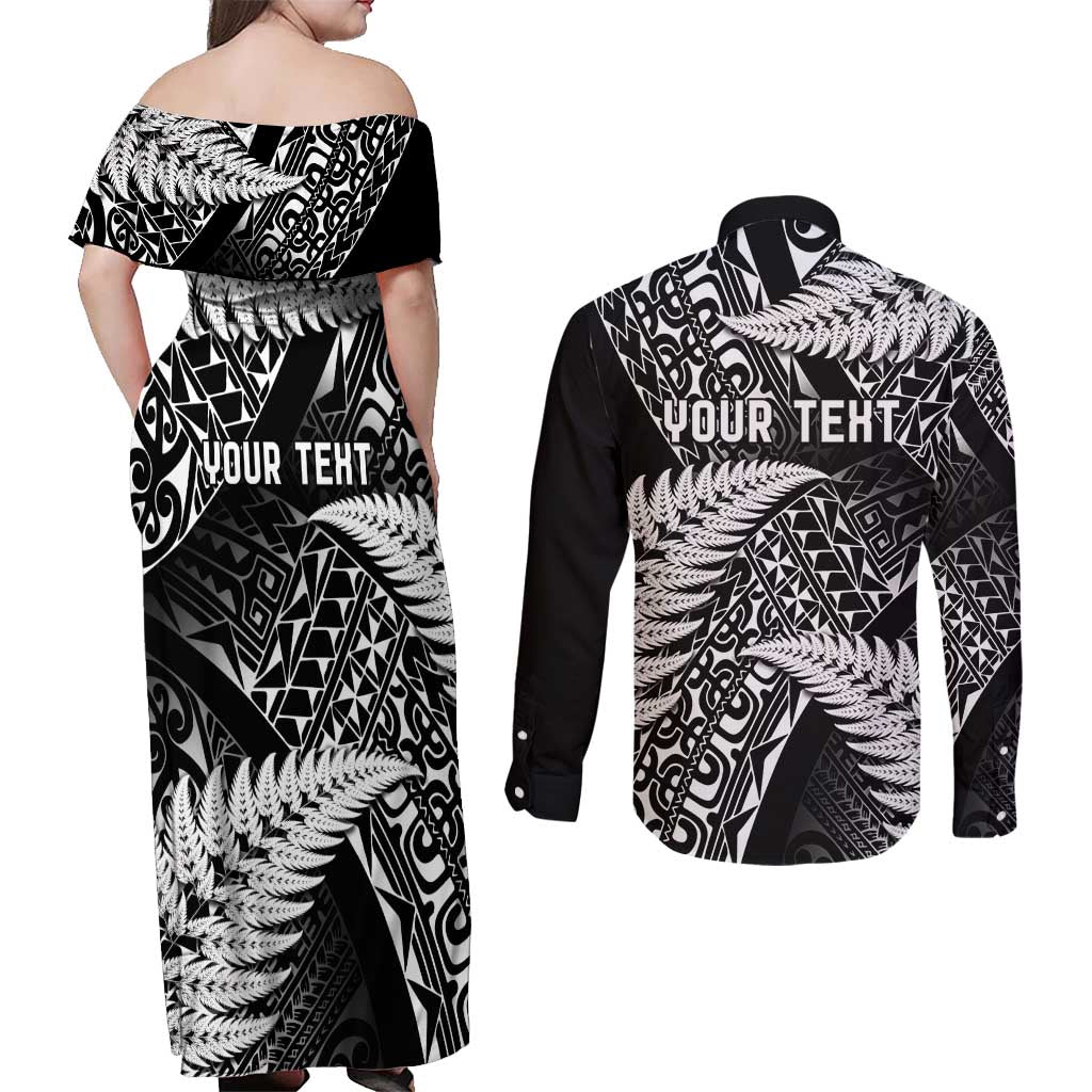 New Zealand Rugby Pacific Personalised Couples Matching Off Shoulder Maxi Dress and Long Sleeve Button Shirt All Black Maori Pasifika Fern Pattern
