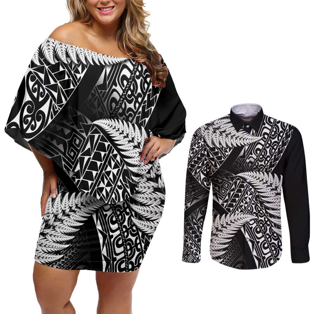 New Zealand Rugby Pacific Personalised Couples Matching Off Shoulder Short Dress and Long Sleeve Button Shirt All Black Maori Pasifika Fern Pattern