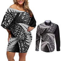 New Zealand Rugby Pacific Personalised Couples Matching Off Shoulder Short Dress and Long Sleeve Button Shirt All Black Maori Pasifika Fern Pattern