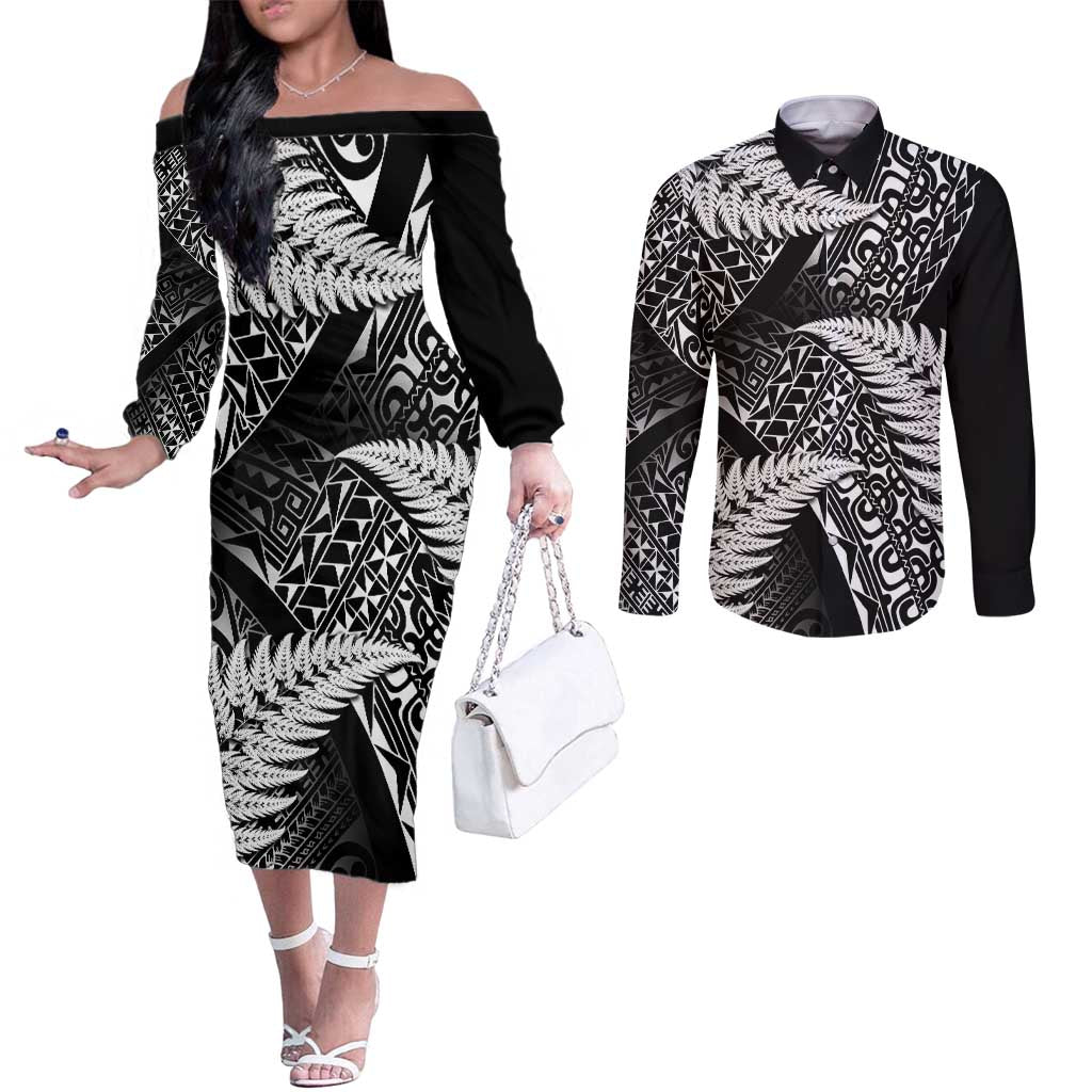 New Zealand Rugby Pacific Personalised Couples Matching Off The Shoulder Long Sleeve Dress and Long Sleeve Button Shirt All Black Maori Pasifika Fern Pattern