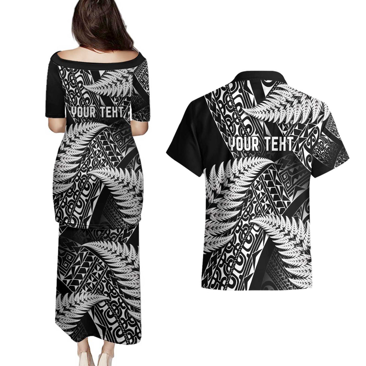 New Zealand Rugby Pacific Personalised Couples Matching Puletasi and Hawaiian Shirt All Black Maori Pasifika Fern Pattern