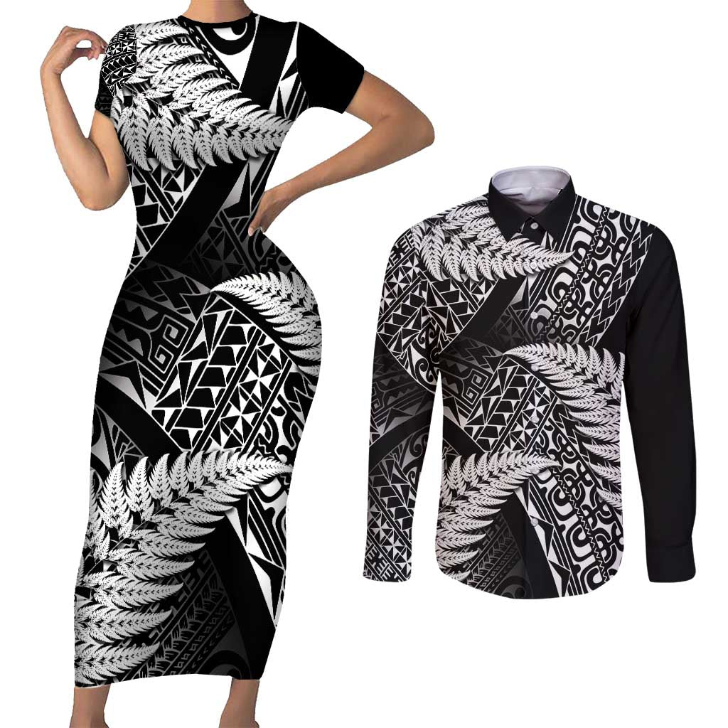 New Zealand Rugby Pacific Personalised Couples Matching Short Sleeve Bodycon Dress and Long Sleeve Button Shirt All Black Maori Pasifika Fern Pattern